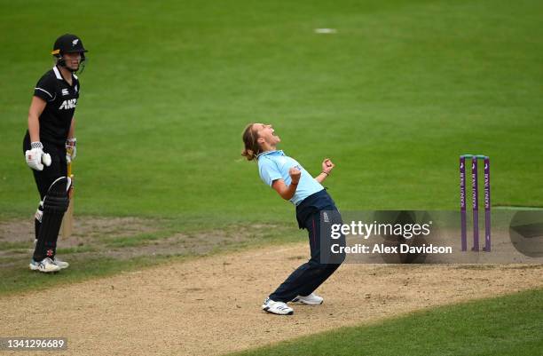 Natasha Farrant of England celebrates the wicket of Lea Tahuhu of New Zealand and victory during the 2nd One Day International match between England...