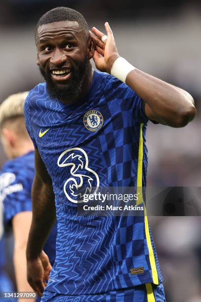 Antonio Ruediger of Chelsea celebrates after scoring his team's third goal during the Premier League match between Tottenham Hotspur and Chelsea at...