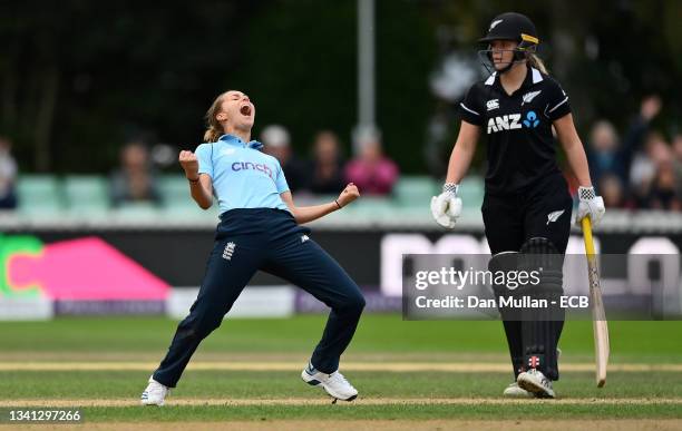 Natasha Farrant of England celebrates taking the wicket of Lea Tahuhu of New Zealand and victory during the 2nd One Day International match between...