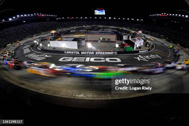 General view of racing during the NASCAR Cup Series Bass Pro Shops Night Race at Bristol Motor Speedway on September 18, 2021 in Bristol, Tennessee.