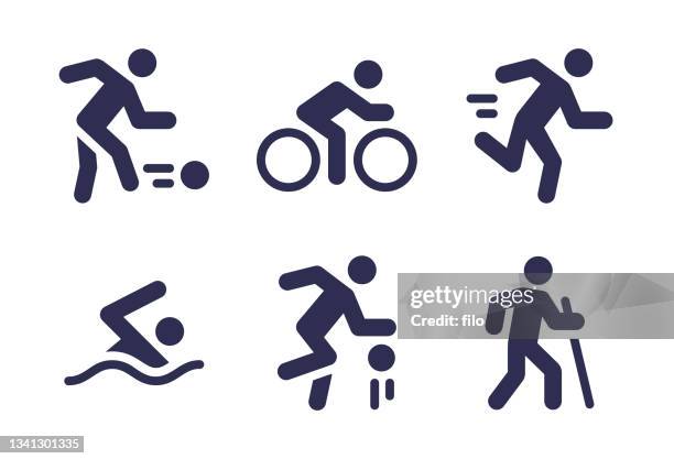 fitness exercise and healthy leisure activities people icons and symbols - peloton road cycling 幅插畫檔、美工圖案、卡通及圖標