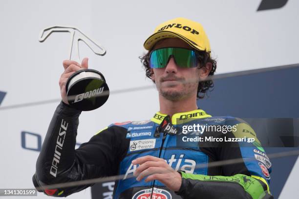 Niccolo Antonelli of Italy and Reale Avintia Moto3 celebrates the second place on the podium during the Moto3 race during the MotoGP Of San Marino -...