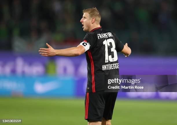 Martin Hinteregger of Frankfurt reacts during the Bundesliga match between VfL Wolfsburg and Eintracht Frankfurt at Volkswagen Arena on September 19,...