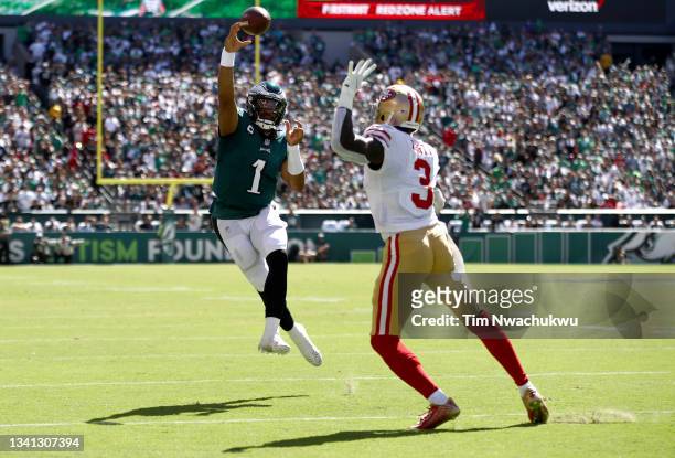 Quarterback Jalen Hurts of the Philadelphia Eagles throws the ball over strong safety Jaquiski Tartt of the San Francisco 49ers at Lincoln Financial...