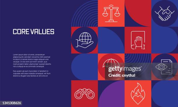 core values related design with line icons. simple outline symbol icons. - values stock illustrations