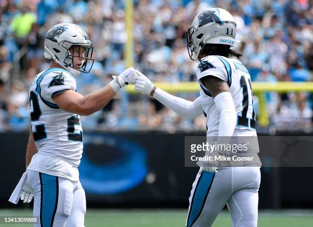 Running back Christian McCaffrey and wide receiver Robby Anderson of the Carolina Panthers in the game against the New Orleans Saints at Bank of...