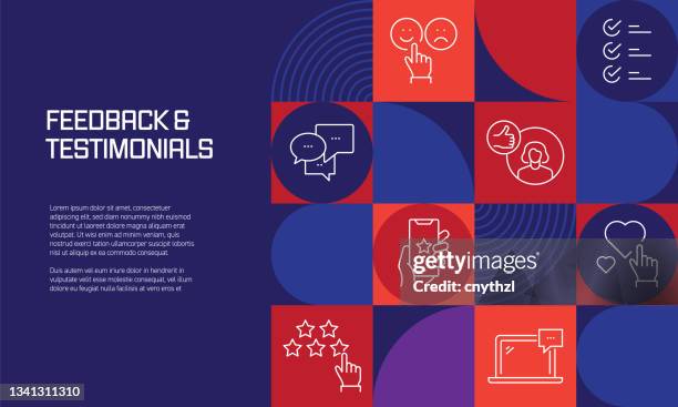 feedback and testimonials related design with line icons. simple outline symbol icons. - customer engagement stock illustrations