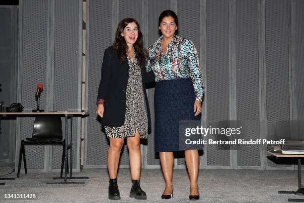 Actresses Noemie Develay-Ressiguier and Cristiana Reali acknowledge the applause of the audience at the end of the "Simone Veil - Les combats d'une...