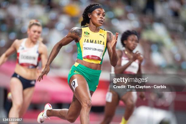 August 2: Elaine Thompson-Herah of Jamaica in action while winning the Women's 200m Semi-Final heat two at the Olympic Stadium during the Tokyo 2020...