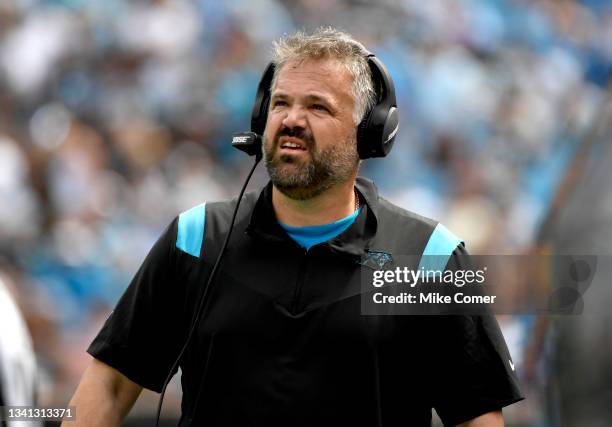 Head coach Matt Rhule of the Carolina Panthers on the sidelines in the game against the New Orleans Saints at Bank of America Stadium on September...