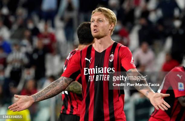 Simon Kjaer of AC Milan reacts during the Serie A match between Juventus and AC Milan at the Allianz Stadium in Turin, Italy on September 19, 2021 in...