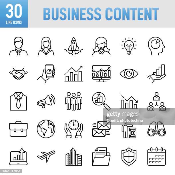 business content - thin line vector icon set. pixel perfect. for mobile and web. the set contains icons: businessman, businesswoman, career, business person, group of people, teamwork, skill, vision, innovation - best content production group stock illustrations