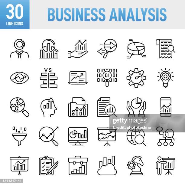 business analysis - thin line vector icon set. pixel perfect. for mobile and web. the set contains icons: analyzing, data, big data, research, examining, chart, diagram, expertise, planning, advice - business strategy icon set stock illustrations