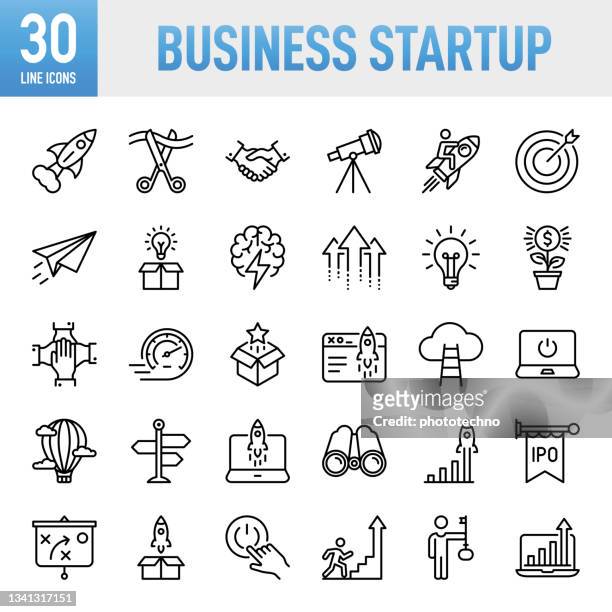 business startup - thin line vector icon set. pixel perfect. for mobile and web. the set contains icons: startup, launch event, beginnings, new business, motivation, rocket, opening, handshake, finance, making money, investment - business strategy stock illustrations