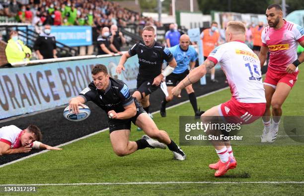 Falcons wing Adam Radwan touches down to score in the corner during the Gallagher Premiership Rugby match between Newcastle Falcons and Harlequins at...