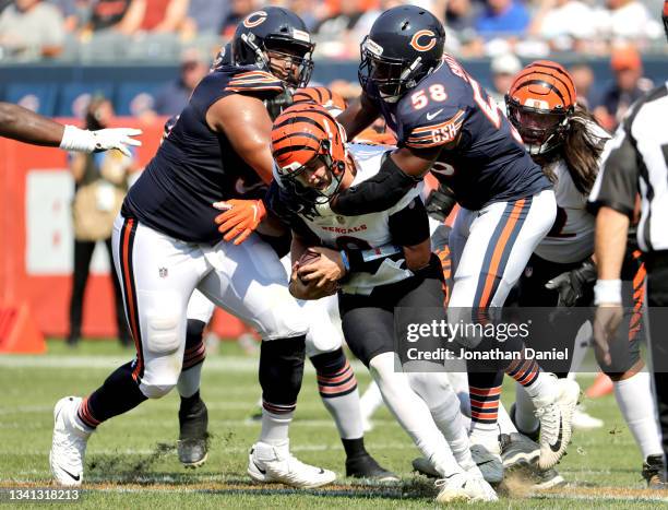 Inside linebacker Roquan Smith of the Chicago Bears sacks quarterback Joe Burrow of the Cincinnati Bengals during the second half at Soldier Field on...