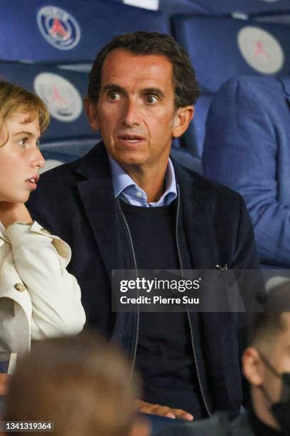 Alexandre Bompard is seen during the Ligue 1 Uber Eats match between Paris Saint Germain and Lyon at Parc des Princes on September 19, 2021 in Paris,...