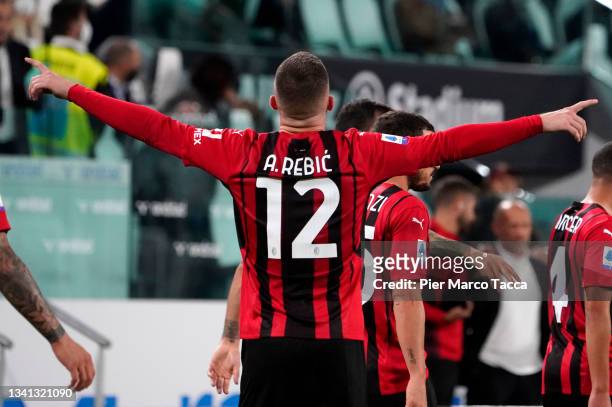 Ante Rebic of AC Milan celebrates after coring their side's first goal during the Serie A match between Juventus and AC Milan at the Allianz Stadium...