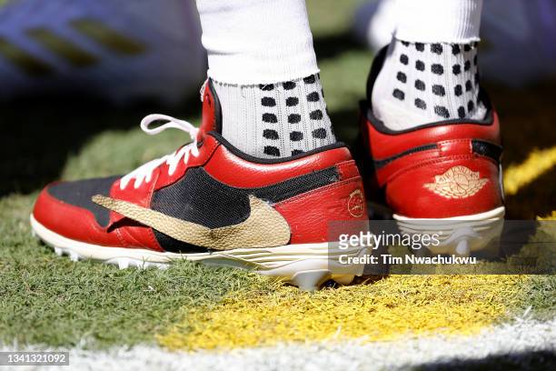 Detailed view of the cleats of wide receiver Mohamed Sanu Sr. #6 of the San Francisco 49ers in the game against the Philadelphia Eagles at Lincoln...