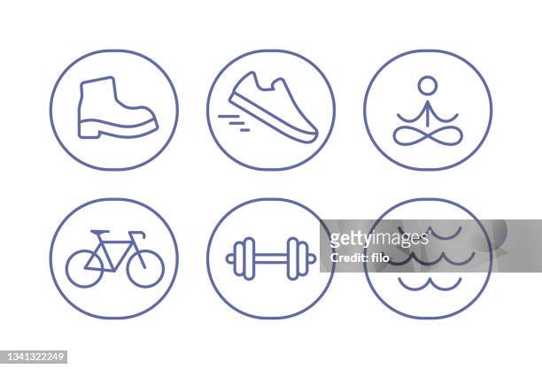 exercise fitness active people line icons and symbols - peloton road cycling stock illustrations