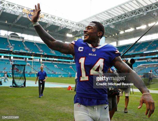Stefon Diggs of the Buffalo Bills waves to fans after defeating the Miami Dolphins 35-0 at Hard Rock Stadium on September 19, 2021 in Miami Gardens,...