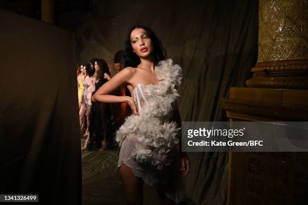 Model backstage ahead of the AADNEVIK show during London Fashion Week September 2021 on September 19, 2021 in London, England.