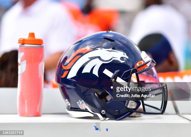 Detailed view of a Denver Broncos helmet during the game between the Denver Broncos and the Jacksonville Jaguars at TIAA Bank Field on September 19,...
