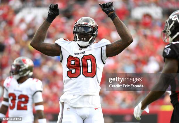 Jason Pierre-Paul of the Tampa Bay Buccaneers celebrates in the second quarter of the game against the Atlanta Falcons at Raymond James Stadium on...