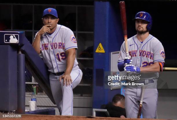 Luis Rojas of the New York Mets looks on during the game against the Miami Marlins at loanDepot park on September 08, 2021 in Miami, Florida.
