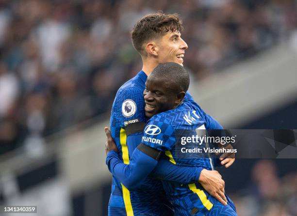 Golo Kanté celebrates with Kai Havertz after scoring Chelsea's second goal during the Premier League match between Tottenham Hotspur and Chelsea at...