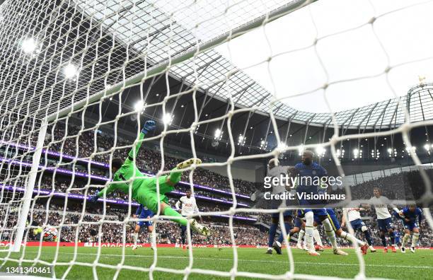 Thiago Silva scores Chelsea's first goal during the Premier League match between Tottenham Hotspur and Chelsea at Tottenham Hotspur Stadium on...