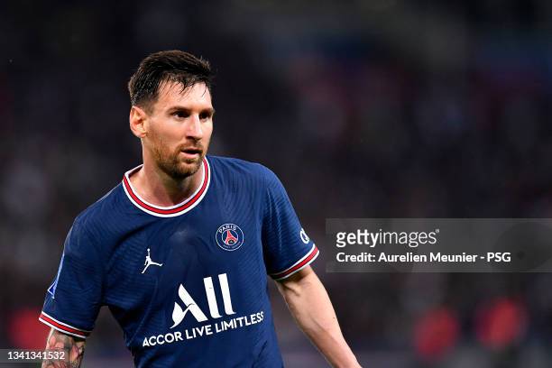 Leo Messi of Paris Saint-Germain looks on during the Ligue 1 Uber Eats match between Paris Saint Germain and Lyon at Parc des Princes on September...