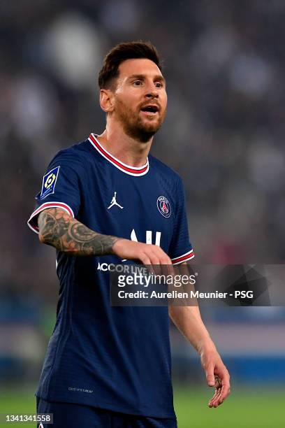 Leo Messi of Paris Saint-Germain reacts during the Ligue 1 Uber Eats match between Paris Saint Germain and Lyon at Parc des Princes on September 19,...