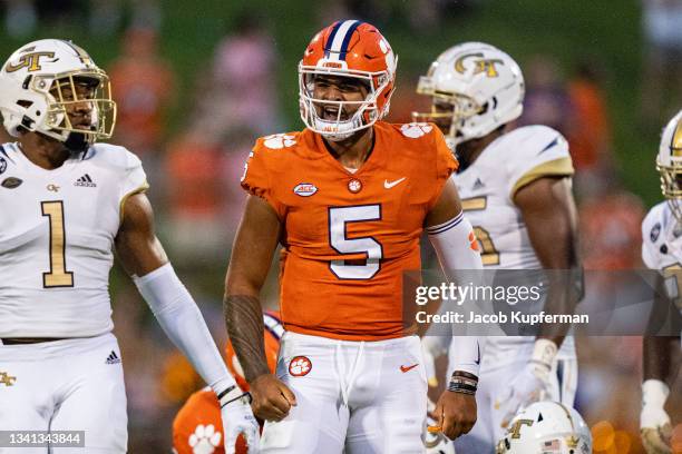 Quarterback D.J. Uiagalelei of the Clemson Tigers reacts after a play during their game against the Georgia Tech Yellow Jackets at Clemson Memorial...