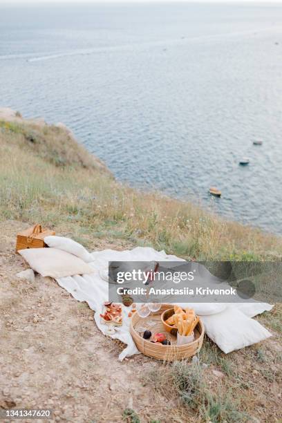 beautiful celebration picnic outdoor with tasty food and wine. - cushion photos et images de collection
