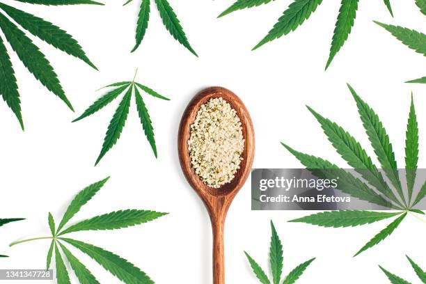 a heap of protein made of cannabis in a wooden spoon near many cannabis leaves on white background - hemp seed fotografías e imágenes de stock