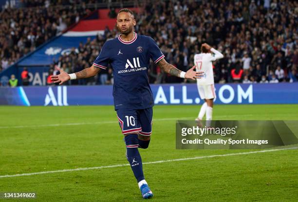 Neymar Jr of Paris Saint Germain celebrates after scoring his team's first goal during the Ligue 1 Uber Eats match between Paris Saint Germain and...