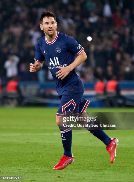 Lionel Messi of Paris Saint Germain looks on during the Ligue 1 Uber Eats match between Paris Saint Germain and Lyon at Parc des Princes on September...