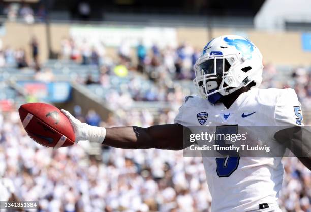 Kevin Marks Jr. #5 of the Buffalo Bulls celebrates his touchdown against the Coastal Carolina Chanticleers at UB Stadium on September 18, 2021 in...