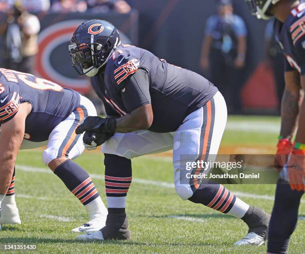 Jason Peters of the Chicago Bears awaits the snaps against the Cincinnati Bengals at Soldier Field on September 19, 2021 in Chicago, Illinois. The...