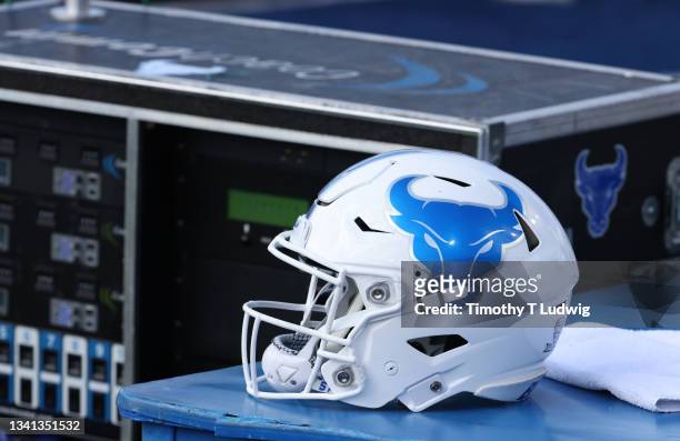 View of a Buffalo Bulls players helmet on the bench during a game against the Coastal Carolina Chanticleers at UB Stadium on September 18, 2021 in...
