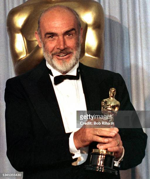 Academy Award winner Sean Connery backstage with his Oscar Award, April 11,1988 in Los Angeles, California.