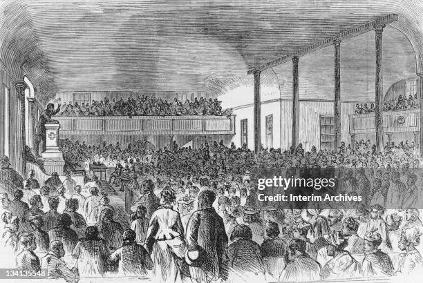 Copy of an illustration showing an interior view of the crowds attending a service at the First African Baptist church in Richmond, Virginia, 1874.