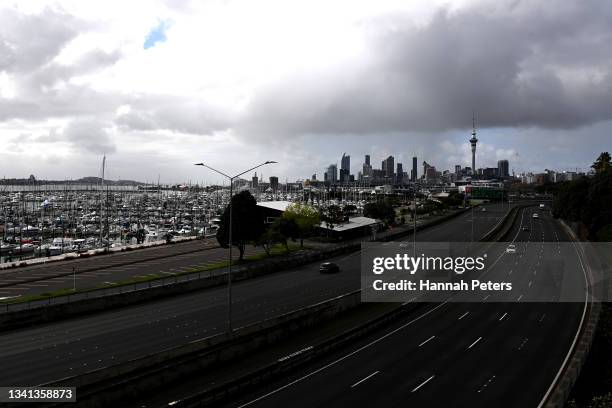 General view of the northern and southern motorway and Auckland City are seen on September 20, 2021 in Auckland, New Zealand. Auckland remains under...