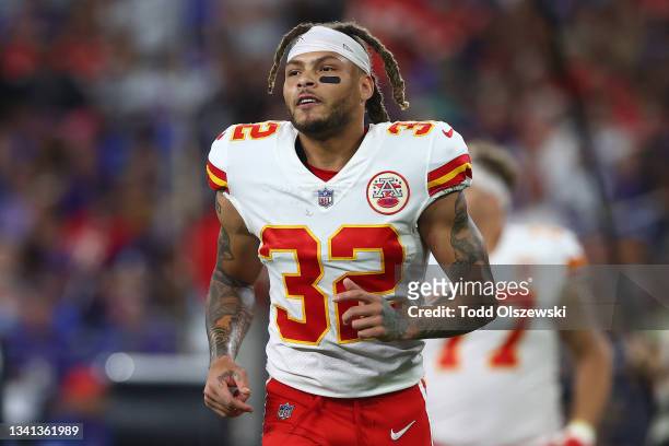 Tyrann Mathieu of the Kansas City Chiefs runs off the field at halftime against the Baltimore Ravens at M&T Bank Stadium on September 19, 2021 in...