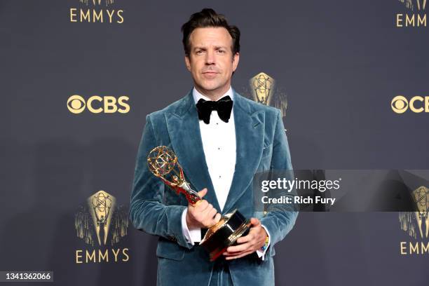 Jason Sudeikis, winner of Outstanding Lead Actor in a Comedy Series for 'Ted Lasso', poses in the press room during the 73rd Primetime Emmy Awards at...