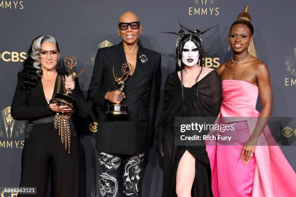 Michelle Visage, RuPaul, Gottmik, and Symone, winners of the Outstanding Competition Program award for 'RuPaul's Drag Race,' pose in the press room...