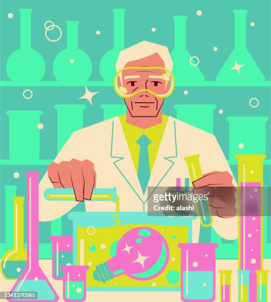 ein lächelnder leitender wissenschaftler oder chemiker gießt flüssigkeit in eine flasche mit einer großen glühbirne - reagenzglas stock-grafiken, -clipart, -cartoons und -symbole