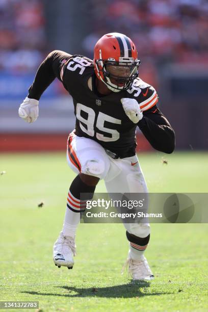 Myles Garrett of the Cleveland Browns plays against the Houston Texans at FirstEnergy Stadium on September 19, 2021 in Cleveland, Ohio. Cleveland won...