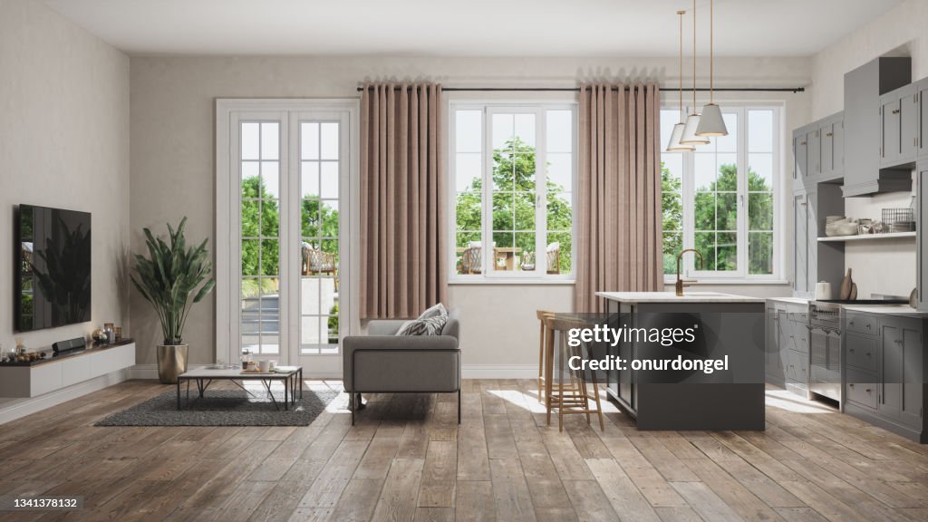 Seitenansicht der offenen Küche mit Wohnzimmer und Gartenblick aus dem Fenster